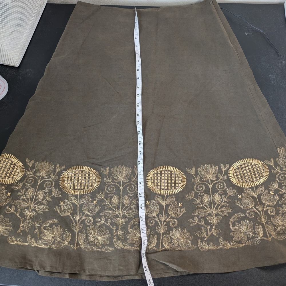 Silk Linen Blend Embroidered Floral Boho Midi Skirt Brown Gold Size 8 - Picture 9 of 9